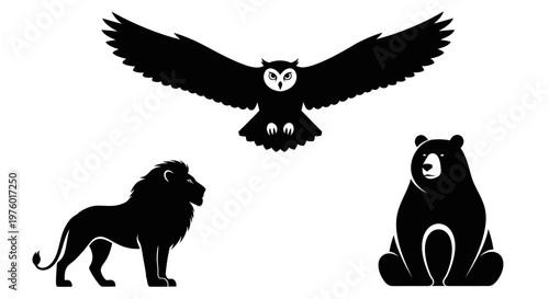Majestic Wildlife Silhouettes - Owl, Lion, and Bear.
