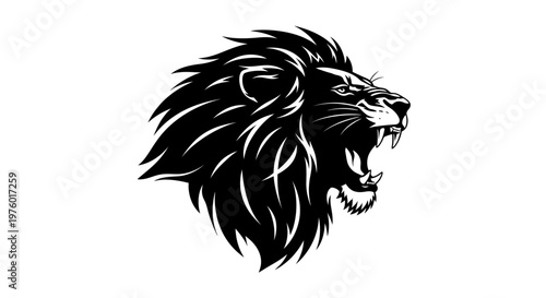 Roaring lion head in black and white, a powerful and majestic animal symbol.