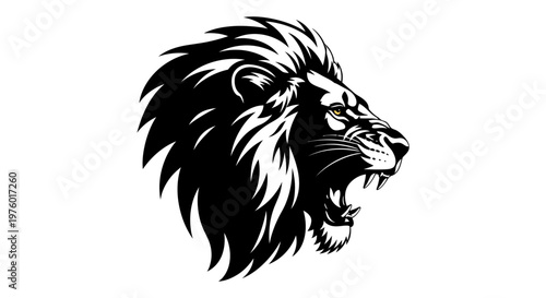 Roaring lion head in black and white, fierce and powerful.
