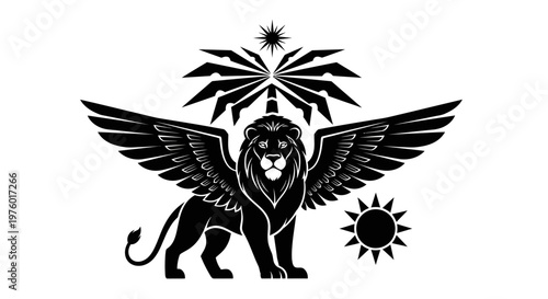 Majestic Winged Lion Symbol with Sun and Star.