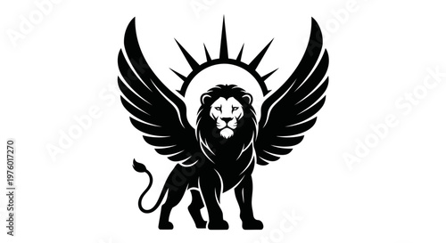 Majestic winged lion with sun rays, powerful mythical creature.