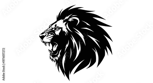Roaring lion head in black and white, fierce and powerful.