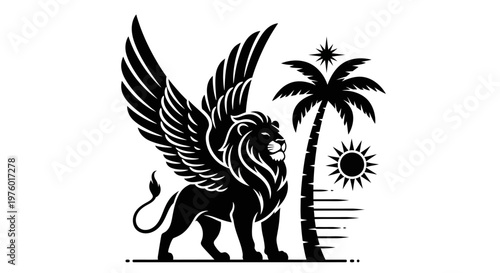 Majestic Winged Lion with Palm Tree and Sun.