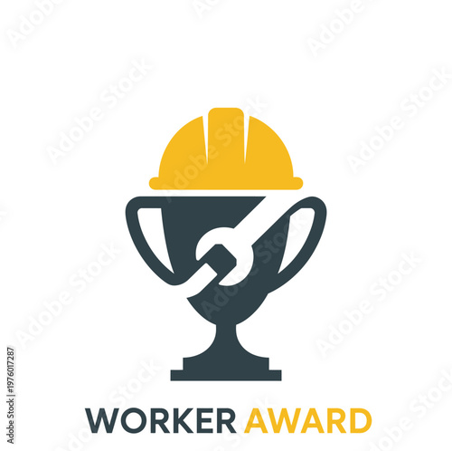 Yellow construction hard hat placed on of a dark grey trophy cup with a wrench silhouette integrated into the center against a white background
