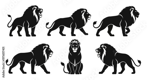 Majestic lion silhouettes in various powerful poses showcasing their regal and wild nature.