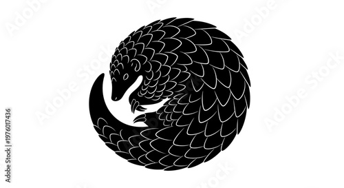 Pangolin curled up in a ball, black and white illustration.