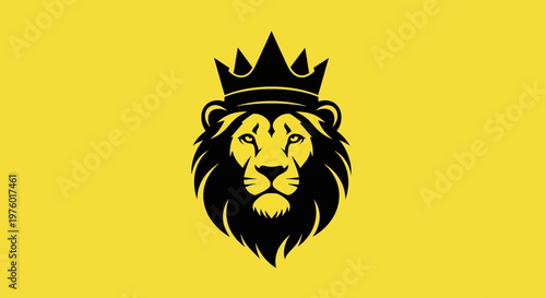 Majestic Lion King with Crown on Yellow Background.