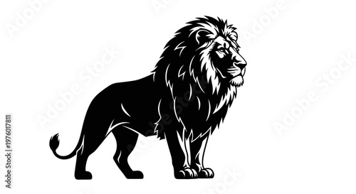 Majestic Lion Standing Proudly in Black and White Silhouette.