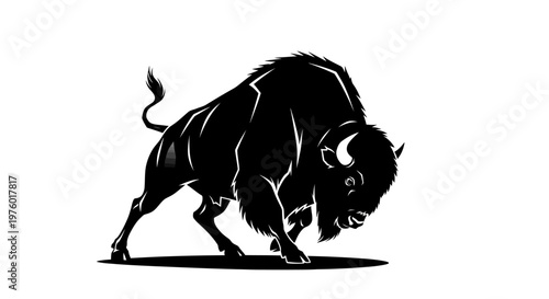 Powerful Black Bison Silhouette on White Background.