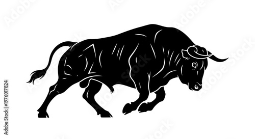Powerful Black Bull Charging Forward in Dynamic Silhouette.
