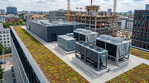 Sustainable urban rooftop featuring green roof and modern HVAC systems amidst city construction development