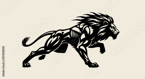 Powerful Black Lion Running with Majestic Mane.