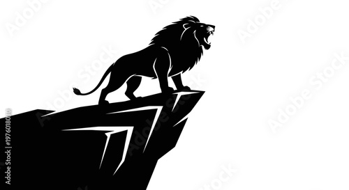 Powerful black silhouette of a roaring lion standing majestically on a cliff edge.
