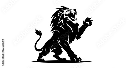 Powerful black silhouette of a roaring lion standing majestically.