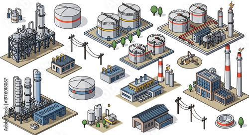 Isometric Oil Refinery and Industrial Plant Illustrations for Game Design.