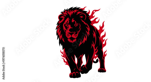 Powerful fiery lion walking forward with intense gaze.