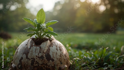 A plant sprout from broken pot in the green land