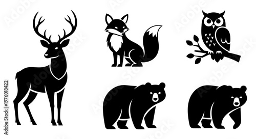 Set of black silhouettes of forest animals including deer, fox, owl, and bears.