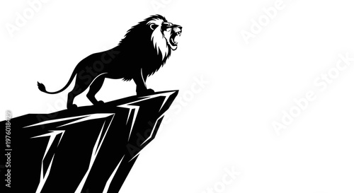 Powerful roaring lion silhouette standing majestically on a cliff edge.