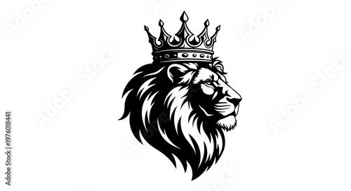 Majestic Lion with Crown Black and White Illustration.