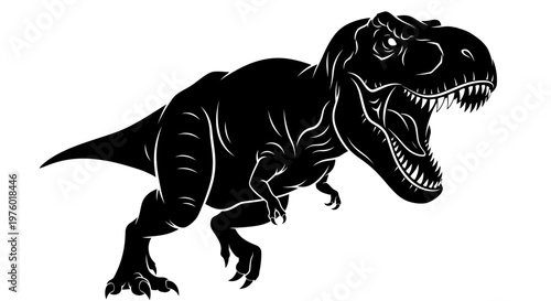 Powerful Tyrannosaurus Rex dinosaur roaring with open mouth and sharp teeth, black and white illustration.