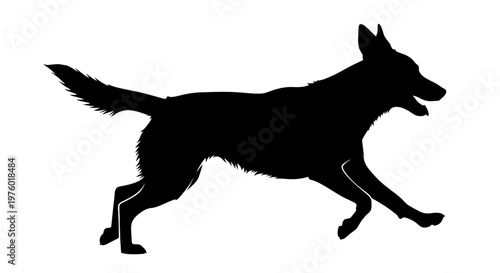 Silhouette of a running dog, captured in a dynamic and energetic pose, showcasing its agility and movement against a plain background.
