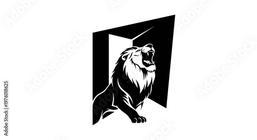 Roaring Lion Emerging from a Dark Geometric Opening.