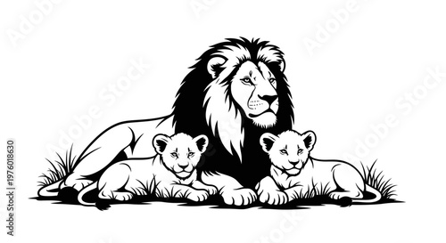 Majestic lion with two adorable cubs in a serene setting.