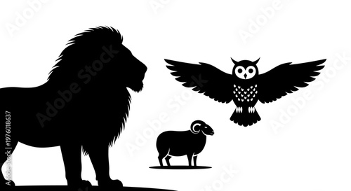 Silhouettes of a majestic lion, a wise owl, and a gentle sheep on a clean white background.