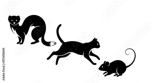 Silhouettes of a weasel, cat, and mouse in a predatory sequence.