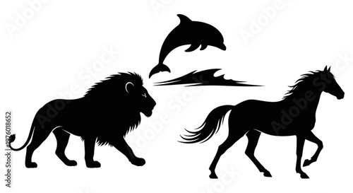 Silhouettes of a majestic lion, graceful horse, and playful dolphin.