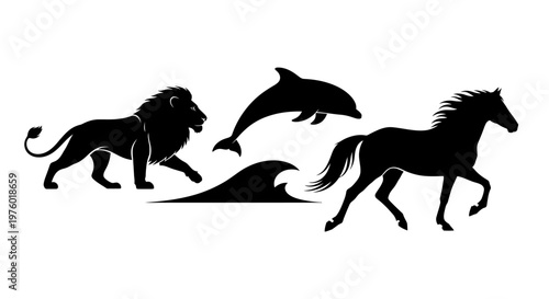 Silhouettes of majestic lion dolphin and horse with a wave.