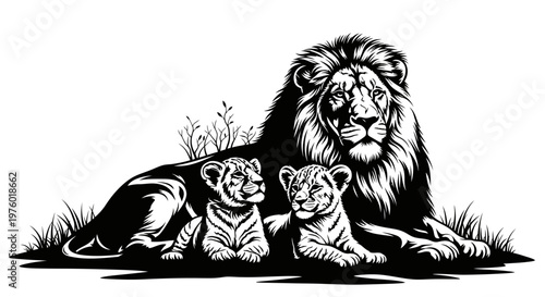 Majestic Lion with Two Adorable Cubs Resting in Grass.