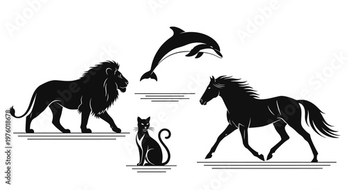 Silhouettes of various animals including a lion, horse, dolphin, and cat.
