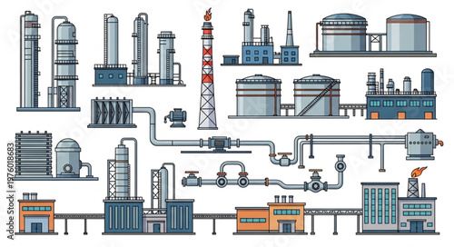 Detailed Illustration of an Industrial Complex with Various Structures.