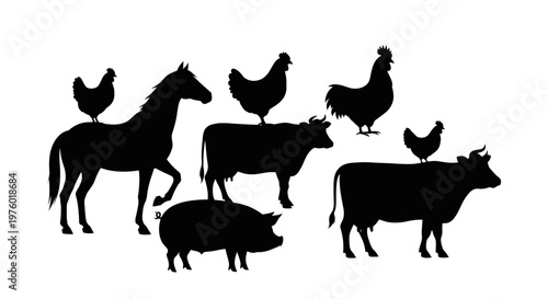 Silhouettes of various farm animals including horses, cows, pigs, and chickens on a white background.