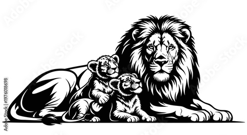 Majestic lion with two adorable cubs resting together.