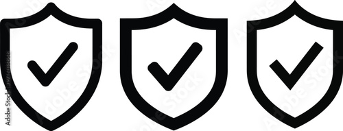 Three black and white shield icons with checkmarks representing security protection and verification concepts