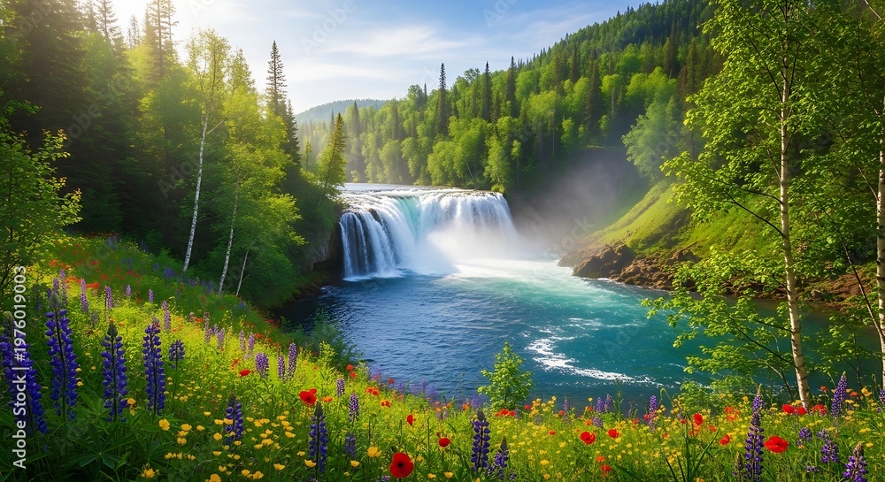 Naklejka premium Beautiful waterfall in forest with colorful flowers