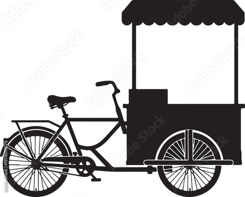 Black bicycle cart, food truck icon, vector tricycle, delivery bike