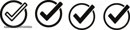 Four identical black check mark icons within circular frames representing confirmation or completion