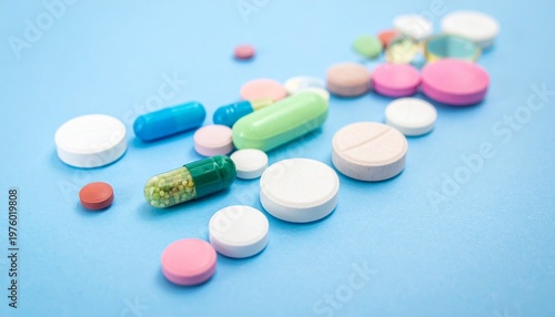 Wallpaper Mural Assorted Pills and Capsules Scattered Light Blue Background Pharmaceutical Diversity Healthcare Visuals Torontodigital.ca