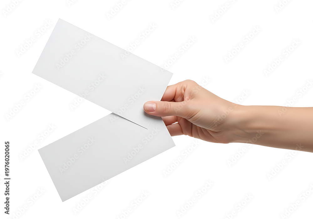 Fototapeta premium Person hand holding two blank white tickets or cards