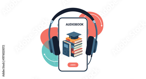 Digital audiobook service concept with a smartphone screen showing a stack of books and a graduation cap alongside professional headphones.