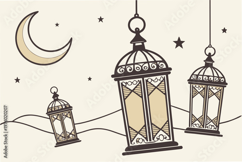 A vector graphic illustration of hanging lanterns under a crescent moon and stars