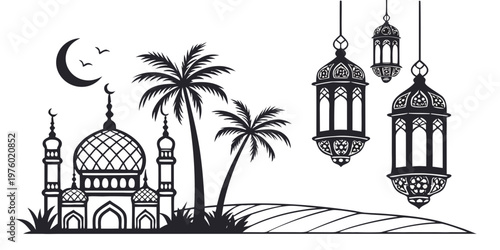 Islamic ramadan scene with mosque palm trees crescent moon and hanging lanterns hanging lights middle east traditional greeting silhouette religion architecture
