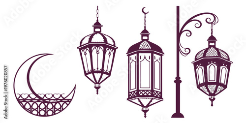 Purple silhouette of islamic lanterns and a crescent moon on a white background with hanging lights middle east lanterns silhouette decoration celebration traditional