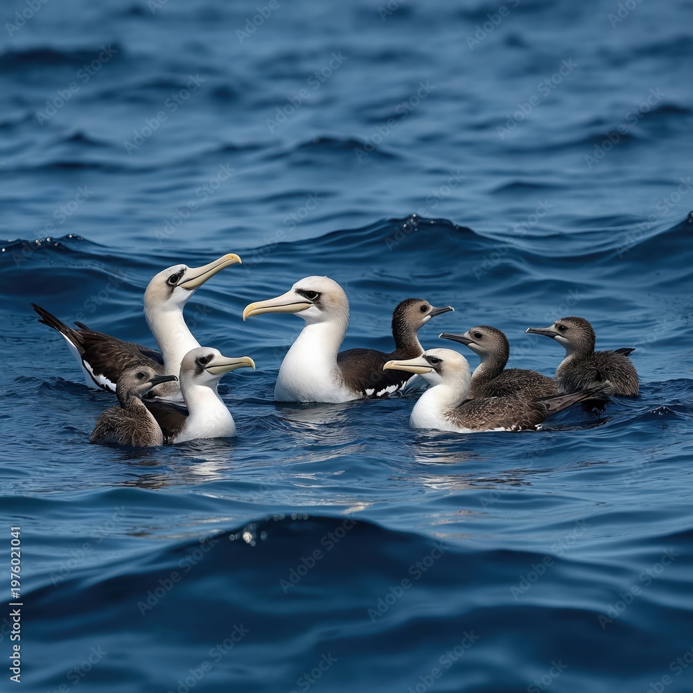 Fototapeta premium Flock of short tailed albatross swim together on wavy blue sea ocean surface. Adults and young birds gather in group. Seabirds float on deep water.