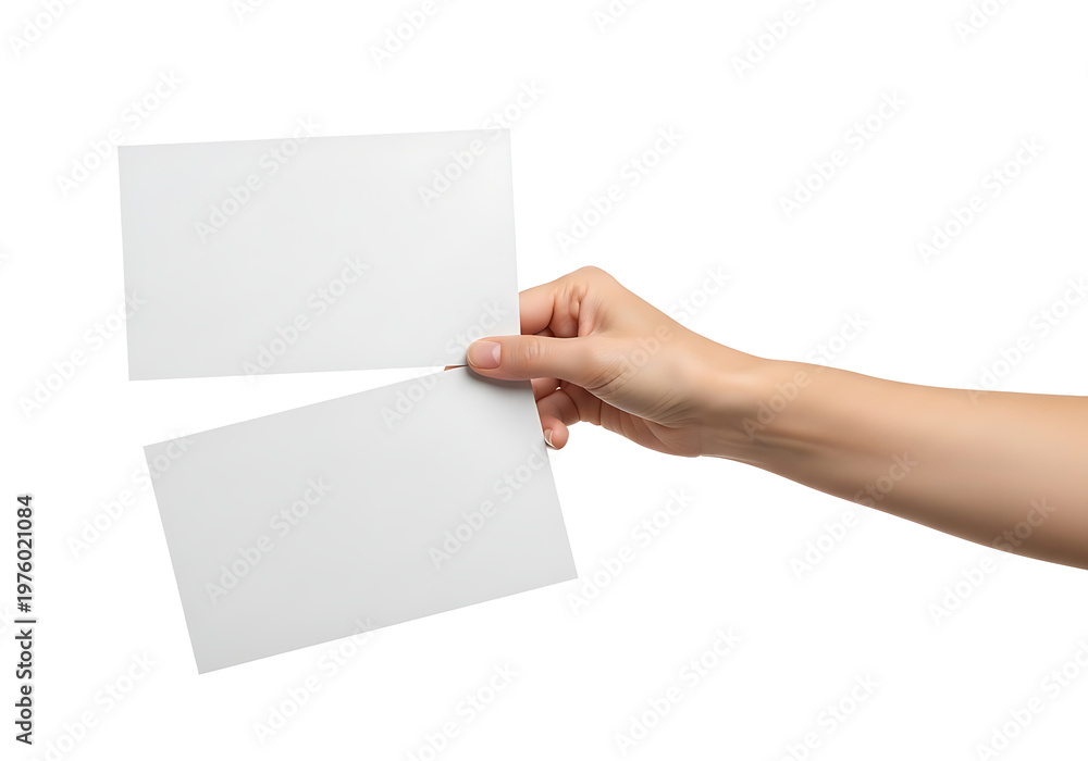 Obraz premium Hand holding two blank white rectangular paper sheets for branding mockup