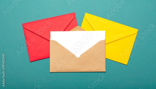 Wallpaper Mural Three Envelopes Red Brown Yellow Teal Background Stationery Color Contrast Visuals Torontodigital.ca